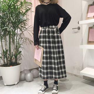 Long-sleeve V Neck Plain Top / Single-breasted Plaid Skirt