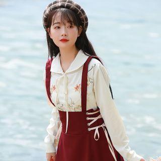 Embroidered Blouse / Suspender Lace-up Midi A-line Skirt