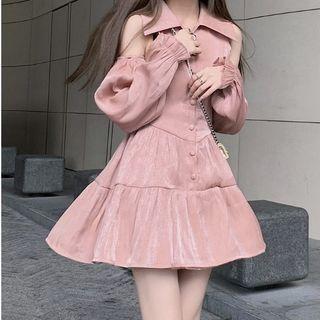 Long-sleeve Cold Shoulder Tiered Mini A-line Dress