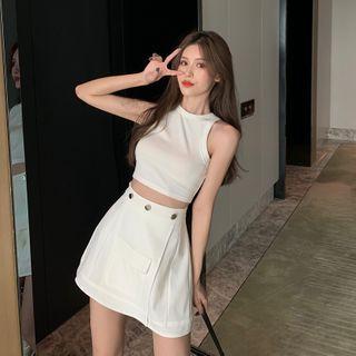 Plain Cropped Tank Top / High-waist Mini A-line Skirt