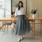 Tulle-overlay Long Flared Skirt