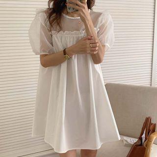 Puff-sleeve  Round Neck Mesh Panel Ruffle Trim A-line Dress