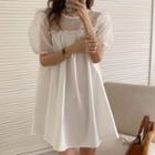 Puff-sleeve  Round Neck Mesh Panel Ruffle Trim A-line Dress
