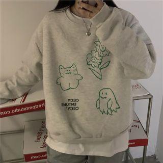 Cartoon Print Sweatshirt Light Melange Gray - One Size