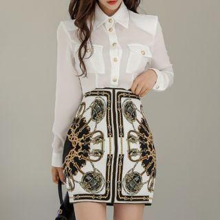 Set: Front-pocket Shirt + All-over Print Mini Pencil Skirt