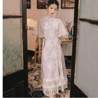 Short-sleeve Floral Lace Trim A-line Dress