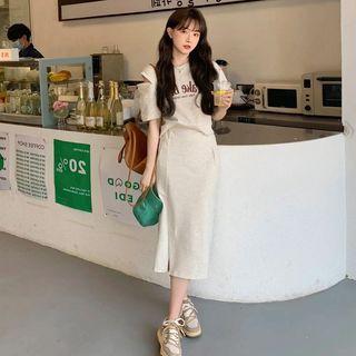 Set: Elbow-sleeve Lettering T-shirt + Midi Pencil Skirt