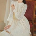 Long-sleeve Mock-neck Knit Panel Lace Midi A-line Dress