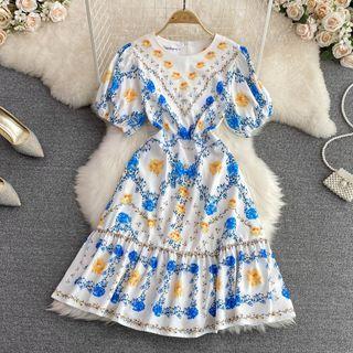 Puff Sleeve Printed A-line Dress