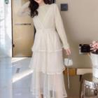 Long-sleeve Lace Trim Layered Midi A-line Dress