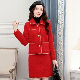 Set: Contrast Trim Single-breasted Jacket + Straight-fit Skirt