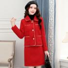 Set: Contrast Trim Single-breasted Jacket + Straight-fit Skirt