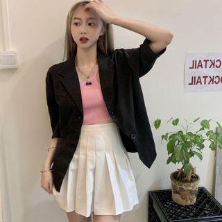 Plain Button-up Elbow-sleeve  Blazer