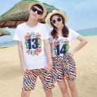 Couple Matching Set: Floral Print Short Sleeve T-shirt + Shorts