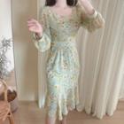 Sweetheart-neck Ruffled Floral Midi Dress