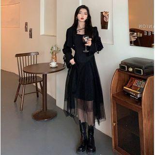 Spaghetti Strap Mesh Panel Midi A-line Dress / Cropped Blouse