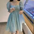 Puff-sleeve Square Neck Floral A-line Mini Dress Floral - Aqua Blue - One Size