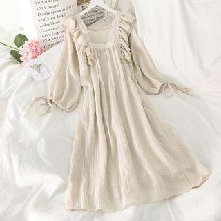 Long-sleeve Ruffle Trim Midi Dress Almond - One Size