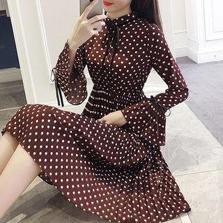 Long-sleeve Dotted Pleated Midi Dress