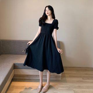 Square-neck Plain A-line Dress Black - One Size