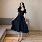 Square-neck Plain A-line Dress Black - One Size