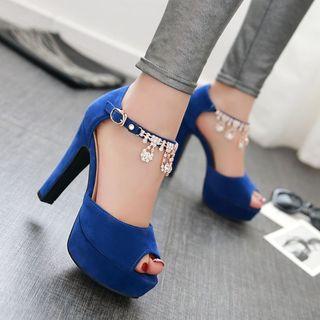 Ankle Strap Velvet Peep-toe Pumps