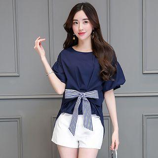 Set: Bow Detail Lantern Sleeve Top + Shorts