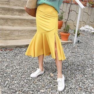 Band-waist Slit-side Ruffle-hem Midi Skirt