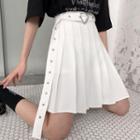 Set: High-waist Pleated A-line Skirt + Heart Buckle Belt