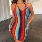 Spaghetti-strap Color Block Mini Sheath Dress
