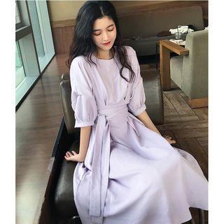 Plain Elbow Sleeve Midi A-line Dress