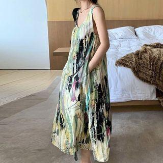 Sleeveless Open-back Print Midi A-line Dress Multicolor - Green & White & Black - One Size