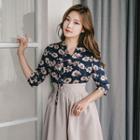 3/4-sleeve Midi Skirt Hanbok Set (floral / Beige)