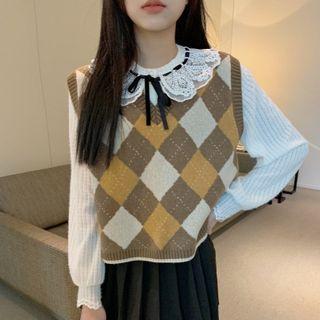 Long-sleeve Lace Collar Blouse / Diamond Jacquard Sweater Vest