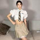 Puff-sleeve Ruffled Crop Shirt / Lace Trim Pleated Mini A-line Skirt
