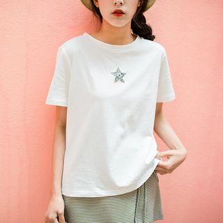 Star Print Short-sleeve T-shirt / Lace-up Skort / Set