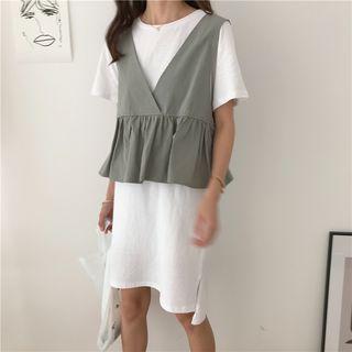 Set: V-neck Ruffle Hem Vest + Crew-neck Short-sleeve T-shirt Dress
