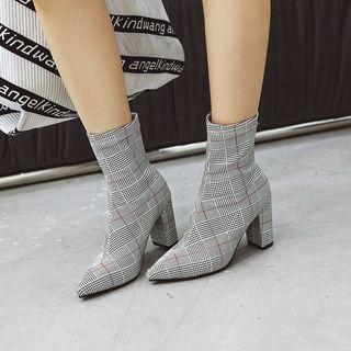 Plaid Block Heel Short Boots