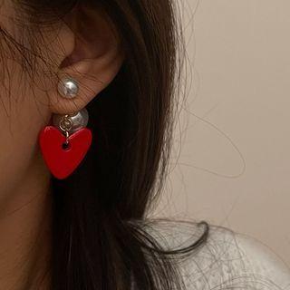 Heart Faux Pearl Dangle Earring 1 Pair - Red & White - One Size