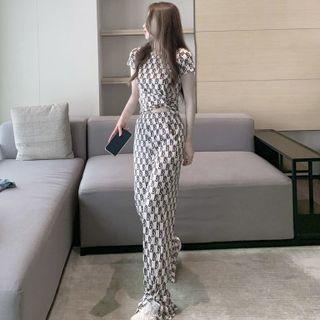 Set: Short-sleeve Lettering T-shirt + Slit Wide Leg Pants