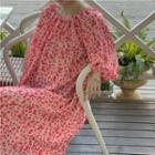 Long-sleeve Floral Print Midi Dress Light Pink - One Size