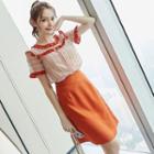 Set: Ruffled Short-sleeve Blouse + Mini Straight-fit Skirt