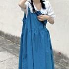 Short-sleeve Bow-accent Frill Trim Blouse / A-line Overall Dress