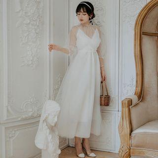 Set: Spaghetti Strap A-line Midi Dress + Elbow-sleeve Top