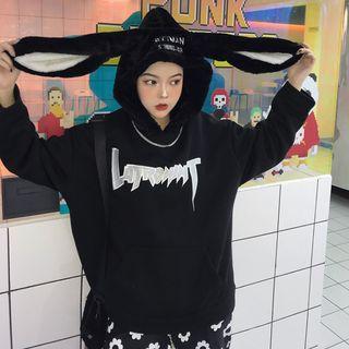 Rabbit Ear Accent Lettering Hoodie Black - One Size