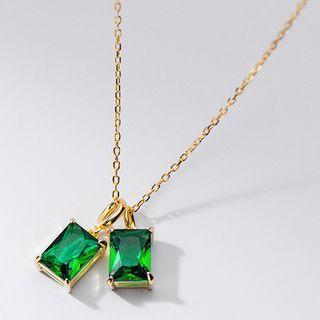 Rectangle Rhinestone Pendant Sterling Silver Necklace