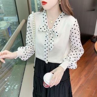 Bow-neck Dotted Panel Knit Top