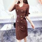 Elbow-sleeve Double-breasted Knit Dress