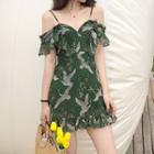Short-sleeve Cold Shoulder Printed Chiffon A-line Mini Dress