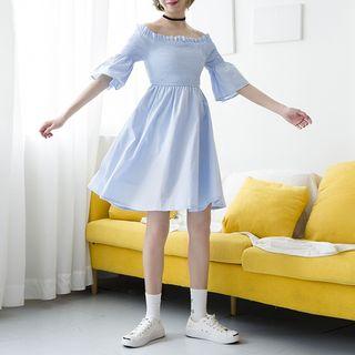 Elbow-sleeve Off-shoulder Smocked Dress
